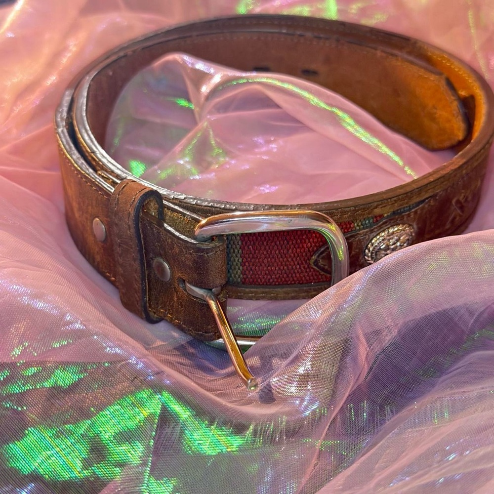 Western Style Brown Leather Belt with Silver Hardware + Colorful Fabric Accents